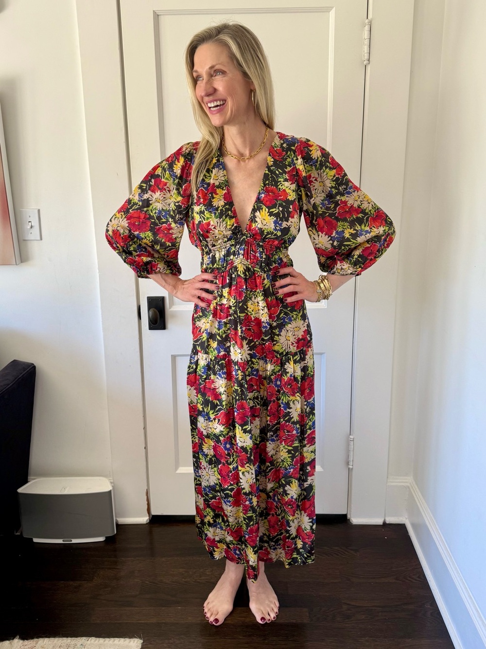 THE GREAT. Floral V-Neck Maxi Dress in Red, Yellow, Navy, Cream
